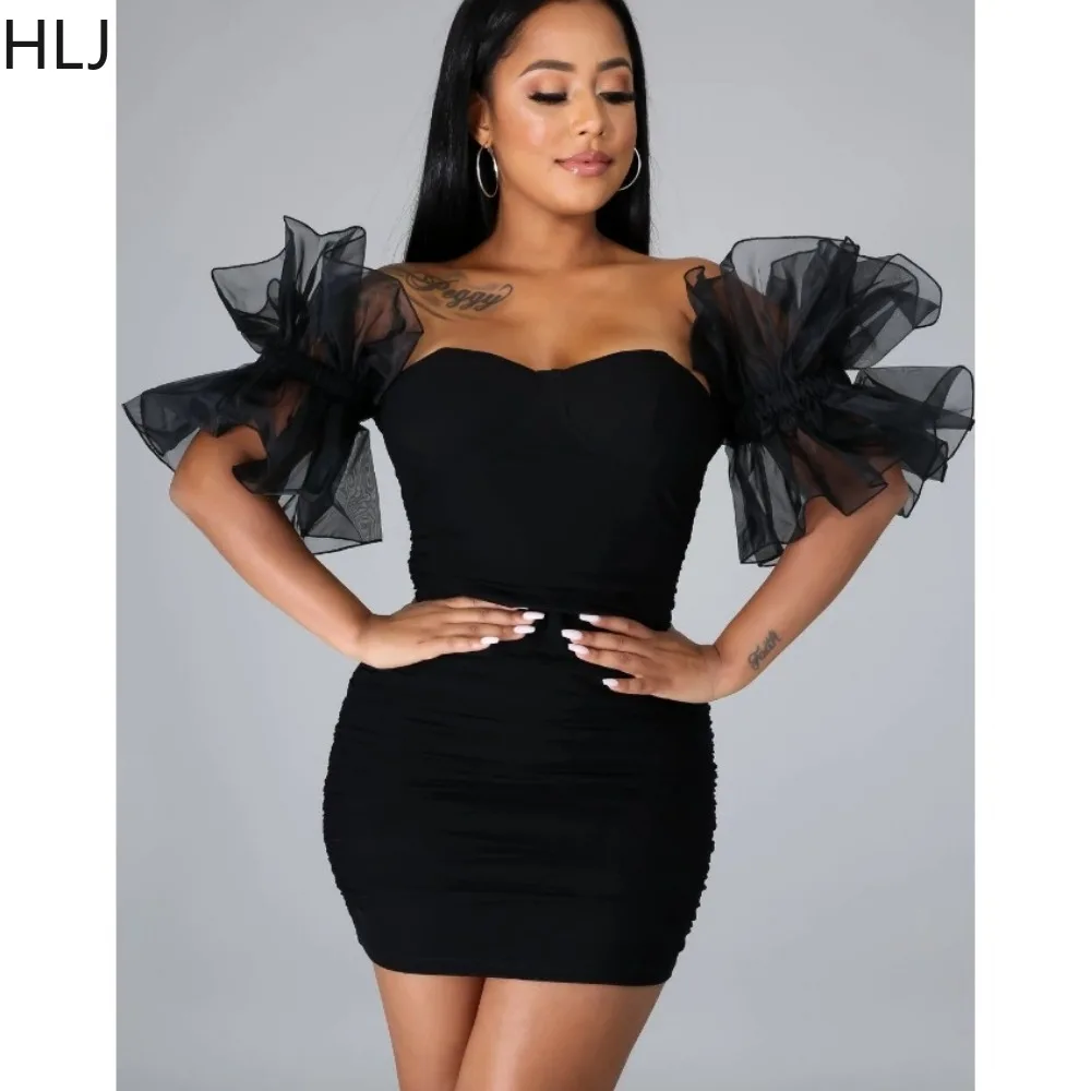 

HLJ Fashion Lace Ruffle Short Sleeve Bodycon Party Club Dresses Women V Neck Ruched Slim Mini Dress Spring New Backless Vestidos