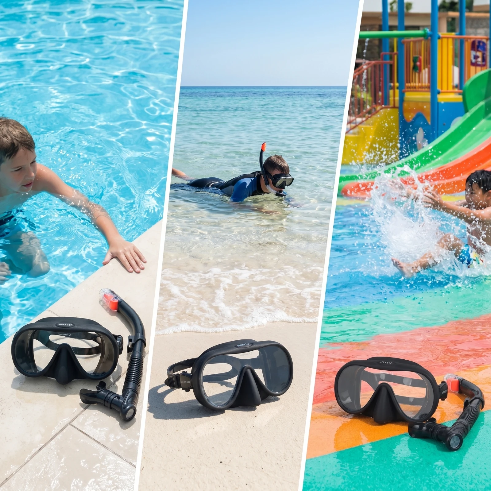 Snorkel Set with Tempered Glass Mask Clear Frameless Snorkeling Mask with Snorkel Gear Anti-Fog Slim-Fit for Beginners, Beach