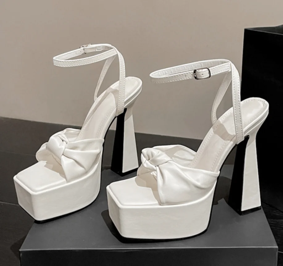 AIYKAZYSDL Bow-tie Butterfly Knot Sandals Women Ankle Wrap Platform Chunky Block Heel White Black Shoes Fetish Clubwear 2024