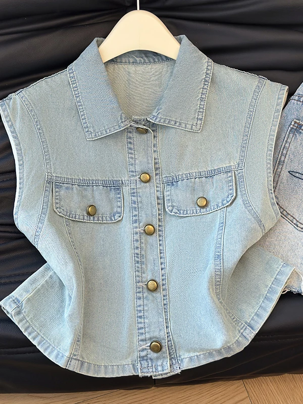 Korean Style Light Blue Flip Collar Fly Sleeve Denim Vest Women Summer New Model Stitching Decoration Single Button Versatile...