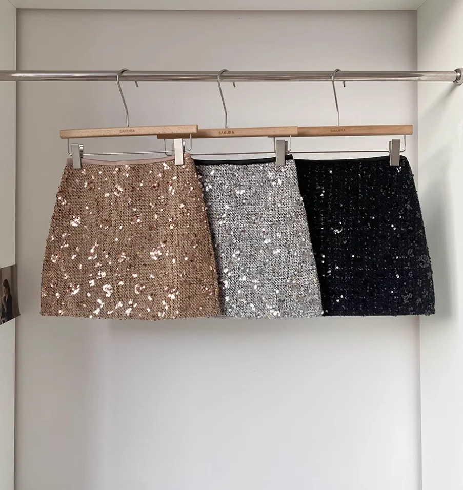 New Fashion Sexy High Waist Sequined Solid Color Slim Fit Above Knee Mini A-Line Skirt For Women,3 Colors
