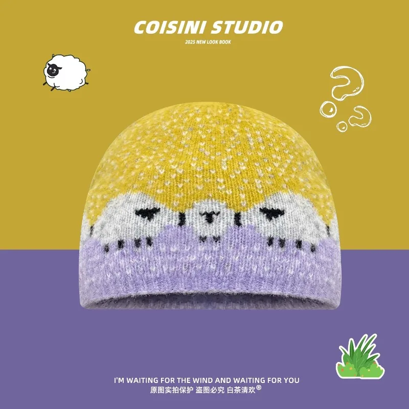 Ins Cute Lamb Jacquard Knitted Beanies for Women Autumn and Winter Casual Warm Versatile Personality Pullover Hats for Men