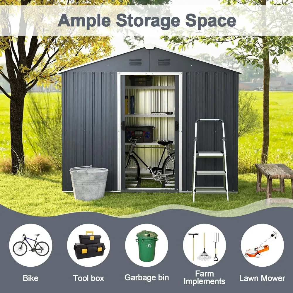 Outdoor Storage Shed with Floor Foundation, Garden Tool Bike Sheds with Lockable Sliding Door & Air Vents, Outdoor Storage Shed