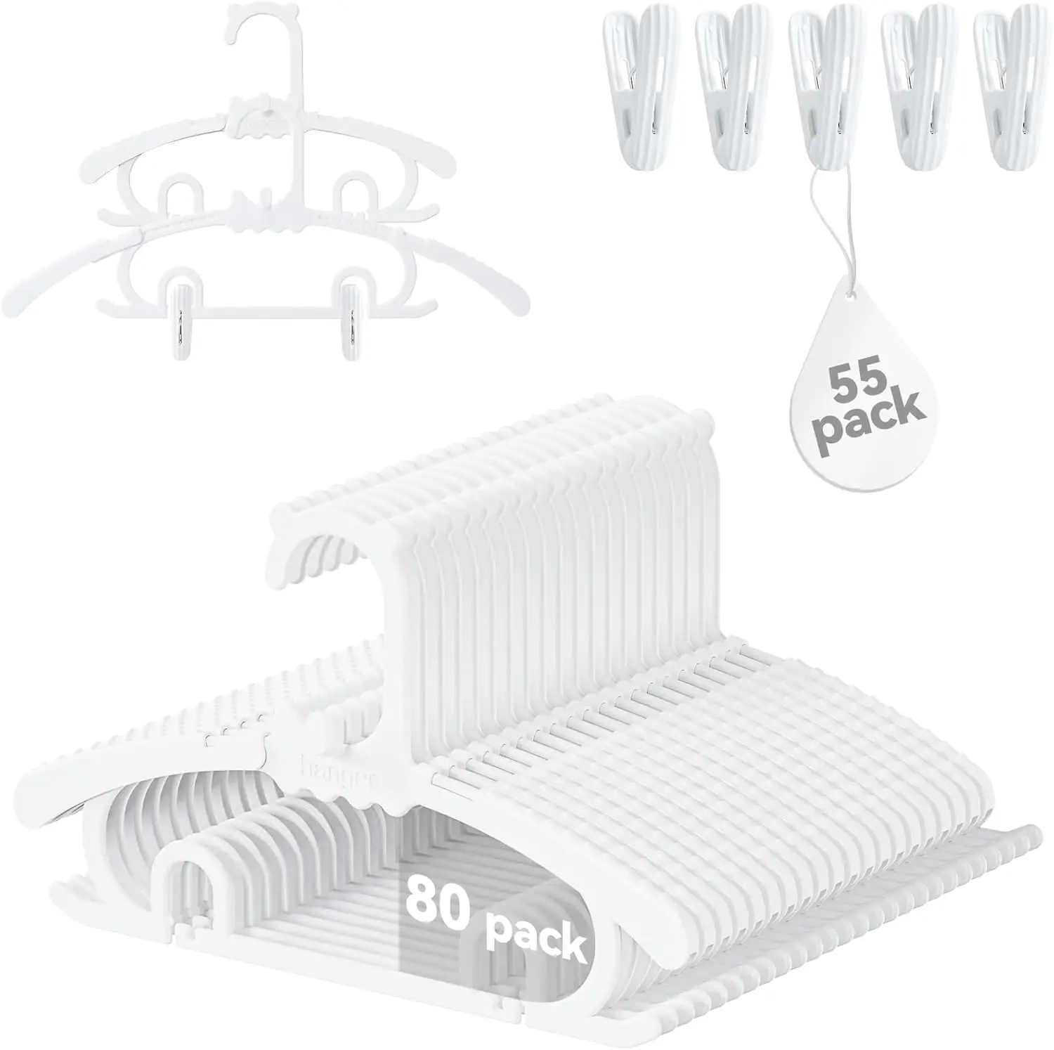 

80 Pack Baby Hangers with Detachable Clips, Adjustable Stackable Kids Closet Organizer for All Ages in White