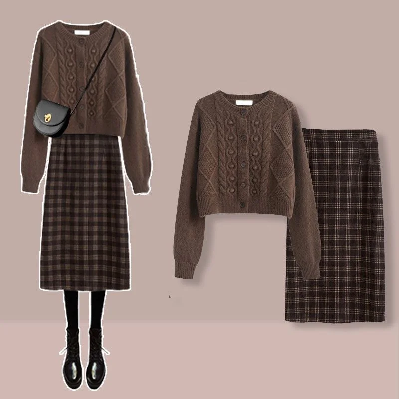 Autumn New Vintage Knitted Sweater Cardigan Plaid Spliced Half Skirt Two Piece Elegant Women's Party Dress Winter Outfits