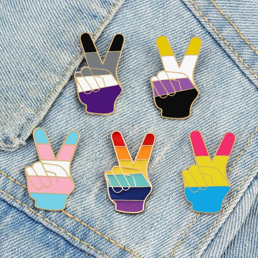 Victory Gesture Brooches Custom Lesbian Gay LGBT Asexual Non-binary Enamel Badge Pride Rainbow Lapel Pins Backpack Jewelry Gifts