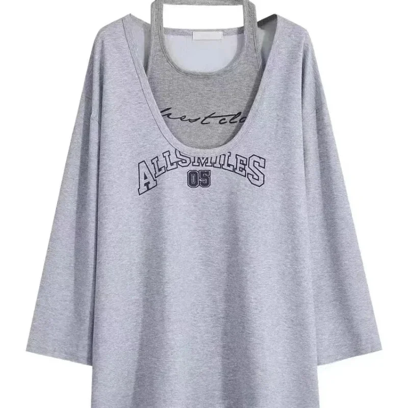 Kawaii Two Pieces Set Oversized T-Shirts Women Y2k Long Sleeve Halter Letter Print Sweatshirt Female Casual Loose Harajuku Tops