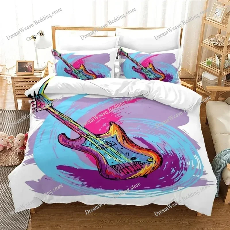 

Guitar Queen Duvet Cover Rock Music Theme Bedding Set Grunge Color Splashed Brick Wall Background Electronic Guitar Mics Design9
