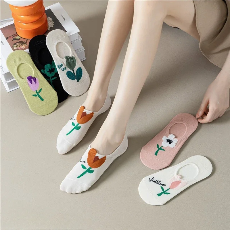 

10pr Socks Women's Summer Thin Tulip Socks Women's Short Stockings Ins Trendy White Pure-Cotton Anti-Slip Low Top Socks