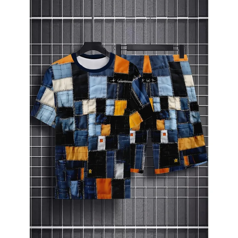 Summer 2025 3D Printed Polyester Fiber Round Neck Short Sleeved T-shirt and Shorts Set for Casual Sports and Outdoor Activities