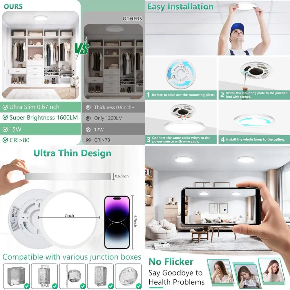 

Набор из 8 предметов: 7 ультратонких светодиодных потолочных светильников мощностью 15 Вт, 1600 люмен, 5000K, дневной свет для кухни, прачечной, лестничного пролета