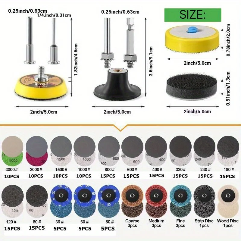 Grinder& Rotary Tools- Includes 191pcs 2-Inch/5cm Sanding Disc Kit with Hook and Loop Attachment- 80-3000 Grit for Drill