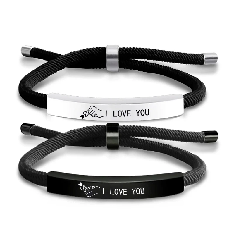 2 PCS I Love You Finger Heart Stainless Steel Couple Bracelet Black White Woven Bracelets For Lovers Valentine Gifts