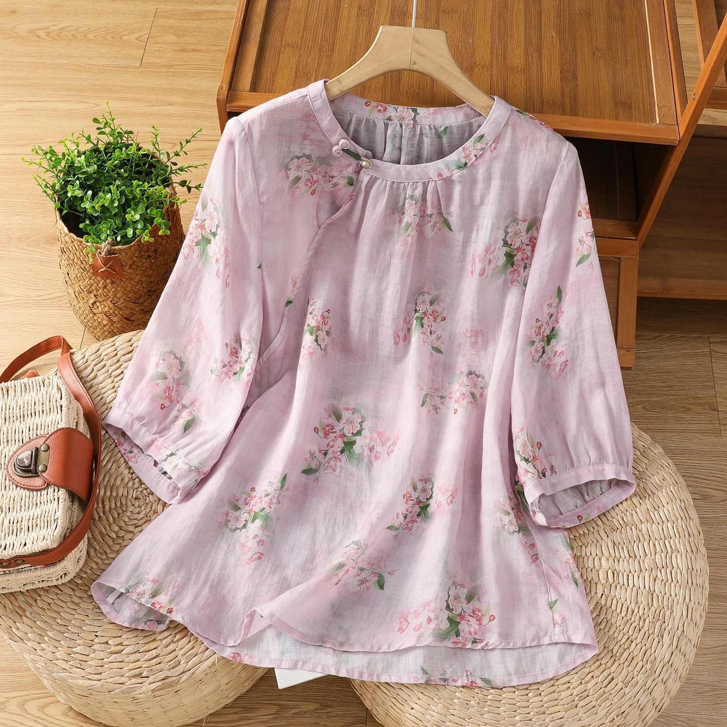 

Новый летний винтажный круглый льняной топ с принтом Ne, женский повседневный свободный топ для похудения, Five Sve, смесь хлопка и полиэстера