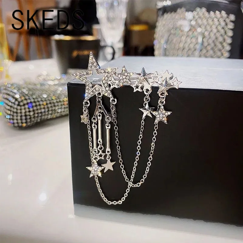 SKEDS Elegant Women Men Fashion Star Chains Crystal Brooch Badges Exquisite Shining Unisex Clothing Coat Tassel Pin Jewelry