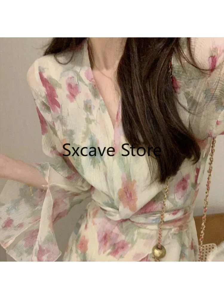 2024 New French Sweet Floral Midi Women 2024 Summer Design Elegant Vintage Office Lady Even Party Chiffon Dress Korea Fashion