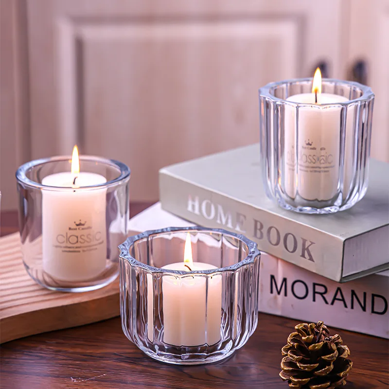 

Candle Holders Transparent Vertical Patterned Glass Candle Cup Empty Home Living Room Candlestick Decoration
