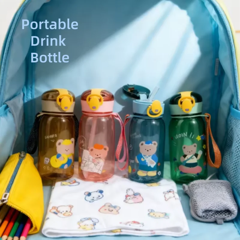 أطفال الكرتون كوب امتصاص الماء مع القش لطيف الدب مانعة للتسرب زجاجات مياه في الهواء الطلق المحمولة شرب زجاجة كوب جميل للأطفال