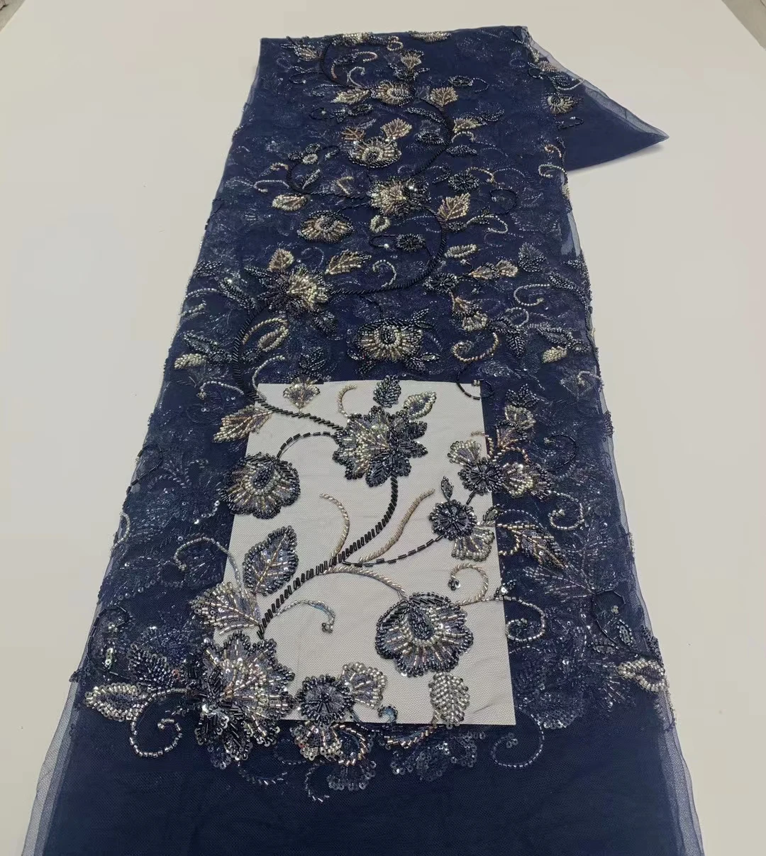 

Модная африканская кружевная ткань, 5 ярдов, нигерийские женские вечерние бусины, вышивка, высокое качество, французский тюль, кружевные материалы