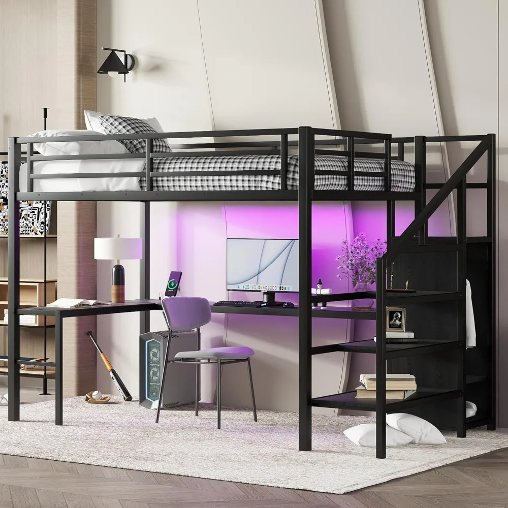 

Full Size Metal Loft Bed with Desk and Wardrobe,Heavy Duty Loft Bed Frame with Storage Stairs and LED Lights for Kids,Teens,Adul
