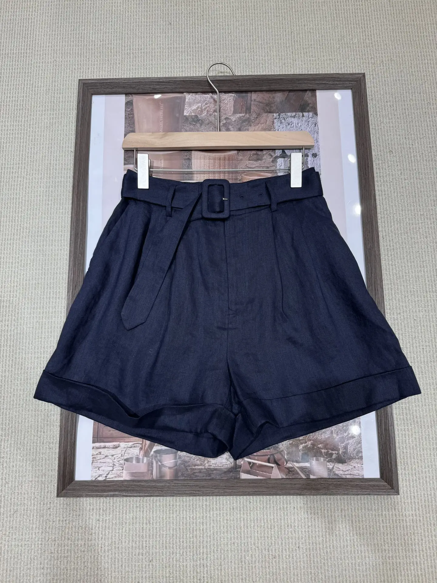 

Women's High-Waisted Cargo Shorts, Washed Linen, Summer Clothing, High Quality, Female, 2024