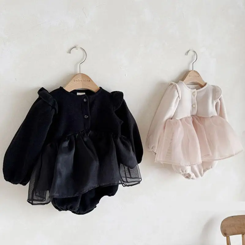 2024 Winter New Baby Girls Long Sleeve Fleece Bodysuit Plus Velvet Thick Infant Girls Sweet Gauze Dress Newborn Toddler Clothes