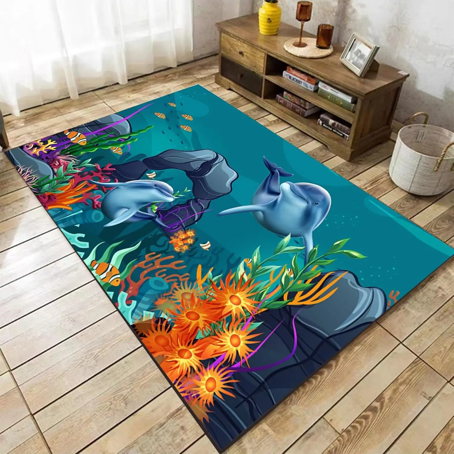 3D Underwater World Area Rugs,Dolphin Marine Animal Living Room Carpet, Seaweed Tropical Fish Low Pile Easy Clean Rug, Absorbent