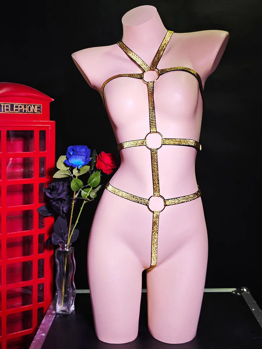 

Ladies' sexy harness tight elastic jumpsuit with a luxurious circular ring and a gaming suit in gold for women