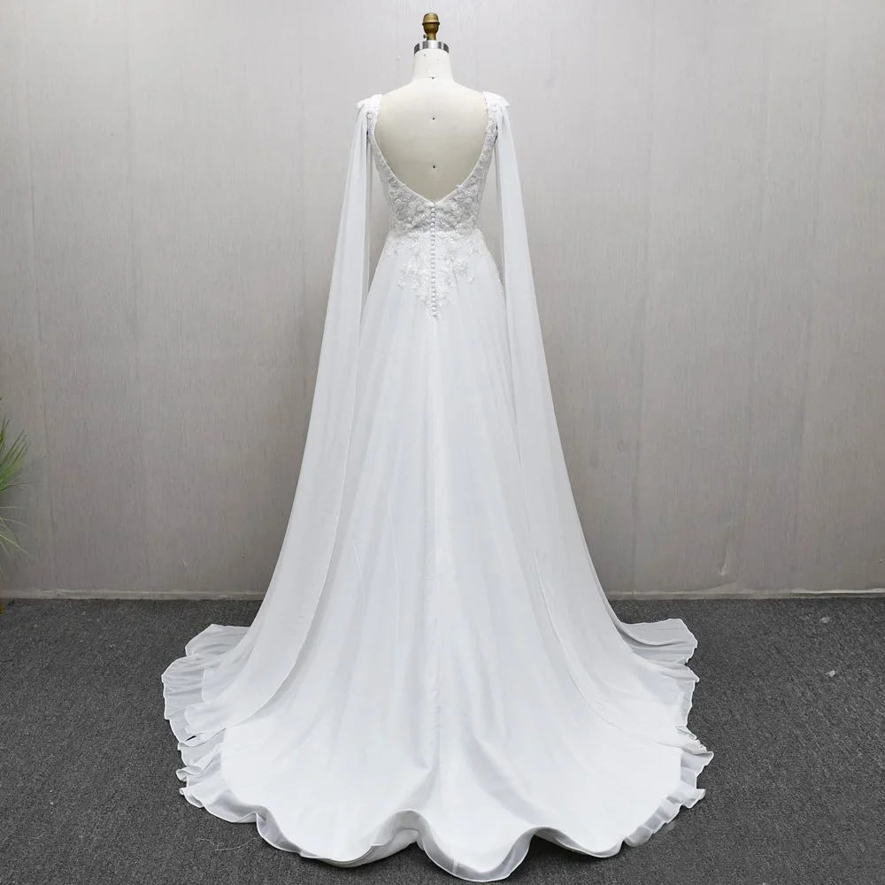 ה לה Princesa Vestido de novia con cuello en V Apliques Botón en la espalda Vestido de novia sexy