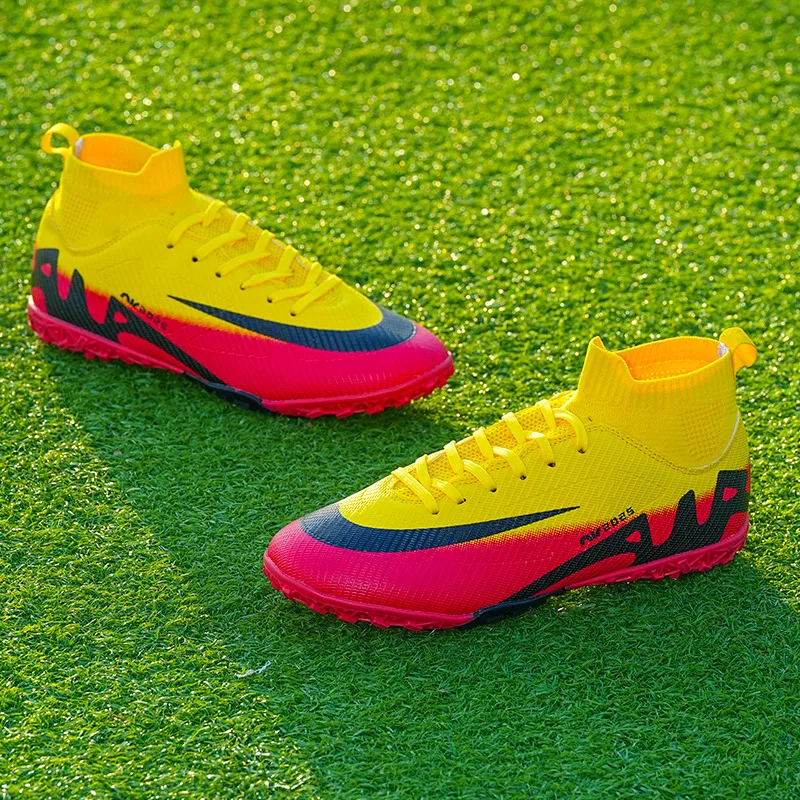 

Professional Yellow Red Football Sneaker Women Men Comfort Long Spikes Football Field Cleats Trainers High Top Mesh Soccer Shoes