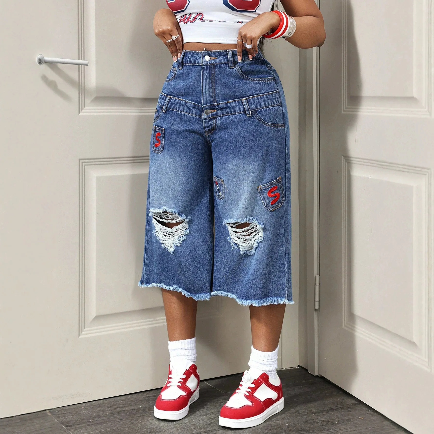 Women Denim Calf Length Pant Jeans Vintage Wide Leg Pants Hole High Waist Straight Trousers Y2k Streetwear Elegant Work Casual