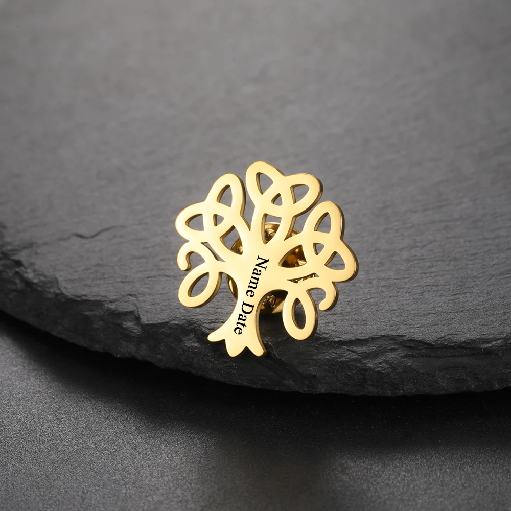 Sipuris Lebensbaum, personalisierte Anstecknadel mit Gravur von Namen und Datum, für Damen und Herren, aus Edelstahl, personalisiertes Namensschild, modischer Schmuck. – Detail 8