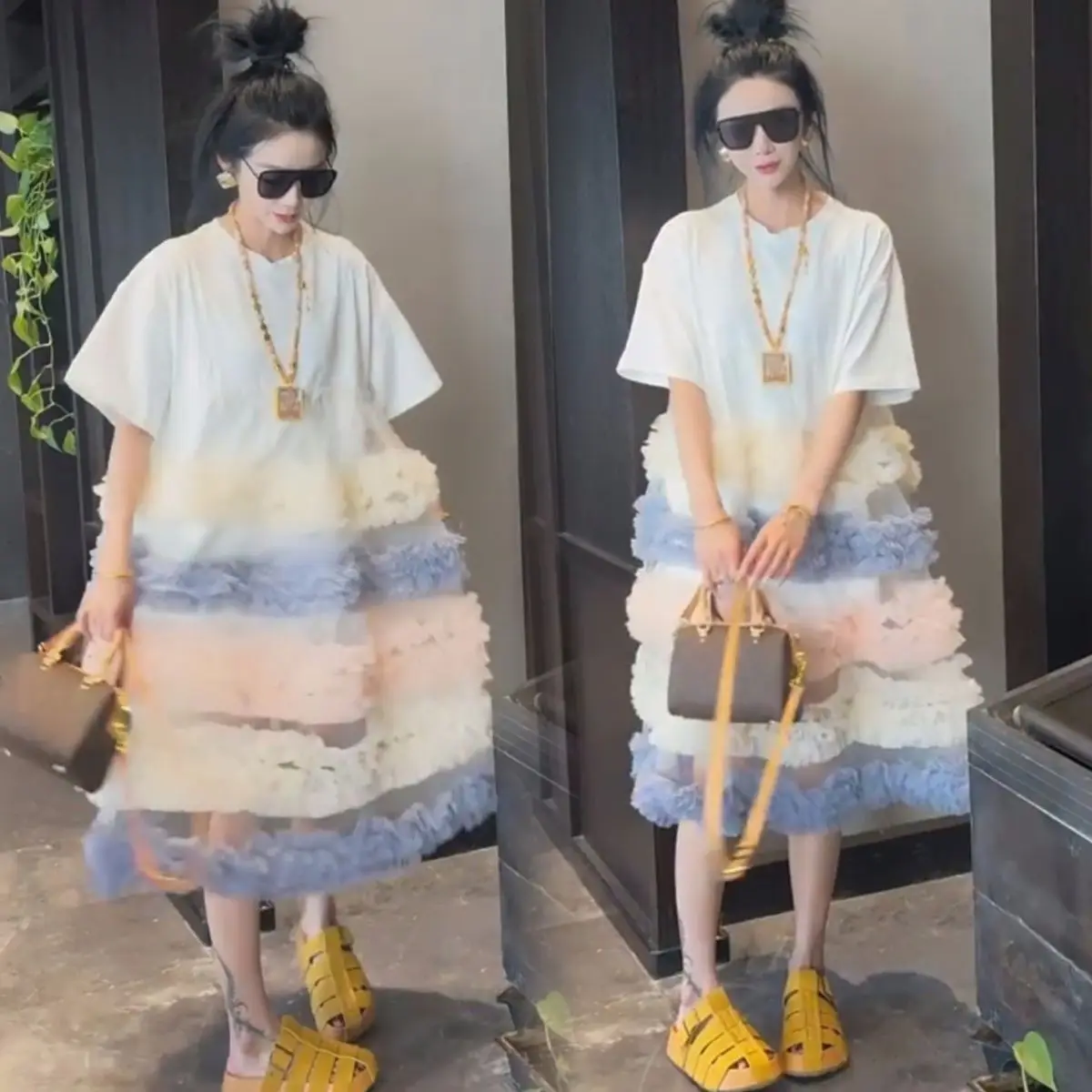 여성용 스윗 메쉬 스플라이스 러플 티셔츠 드레스 롱 배색 거즈 플리츠 로터스 케이크 티 드레스 반팔 O넥 탑