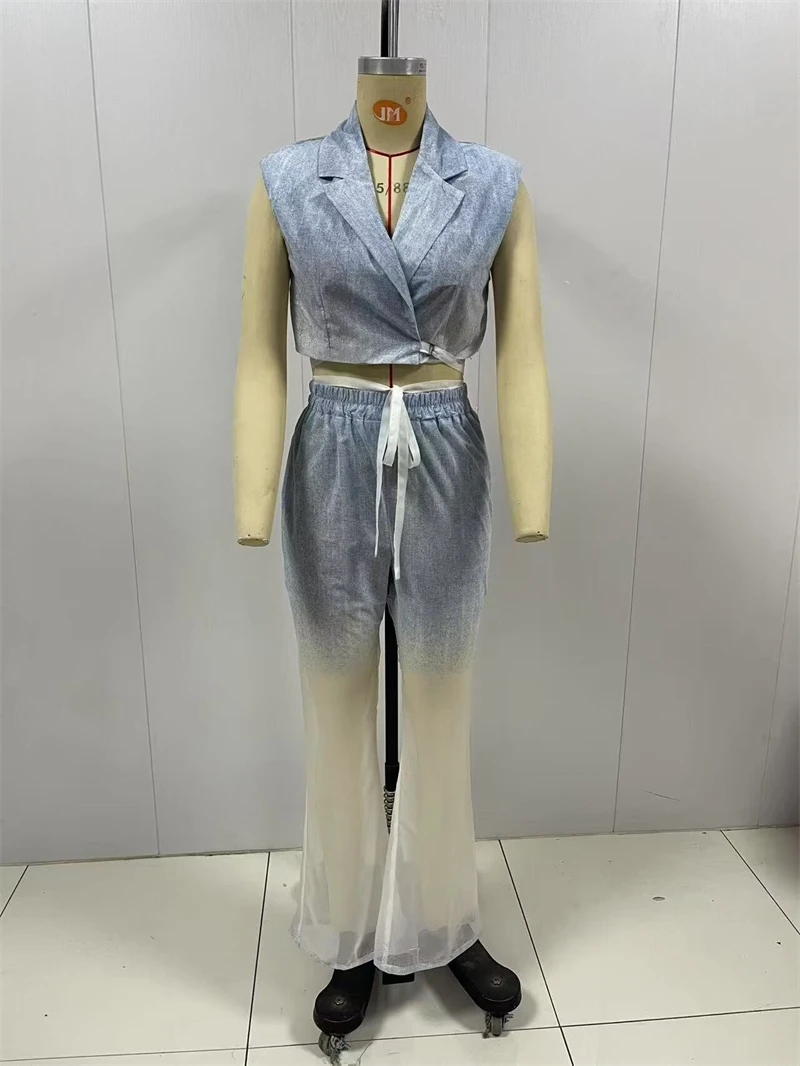 KEYANKETIAN صيف جديد المرأة التدرج اللون الدانتيل يصل سترة بلا أكمام مرونة الخصر مضيئة السراويل الترفيه نمط قطعتين رقيقة