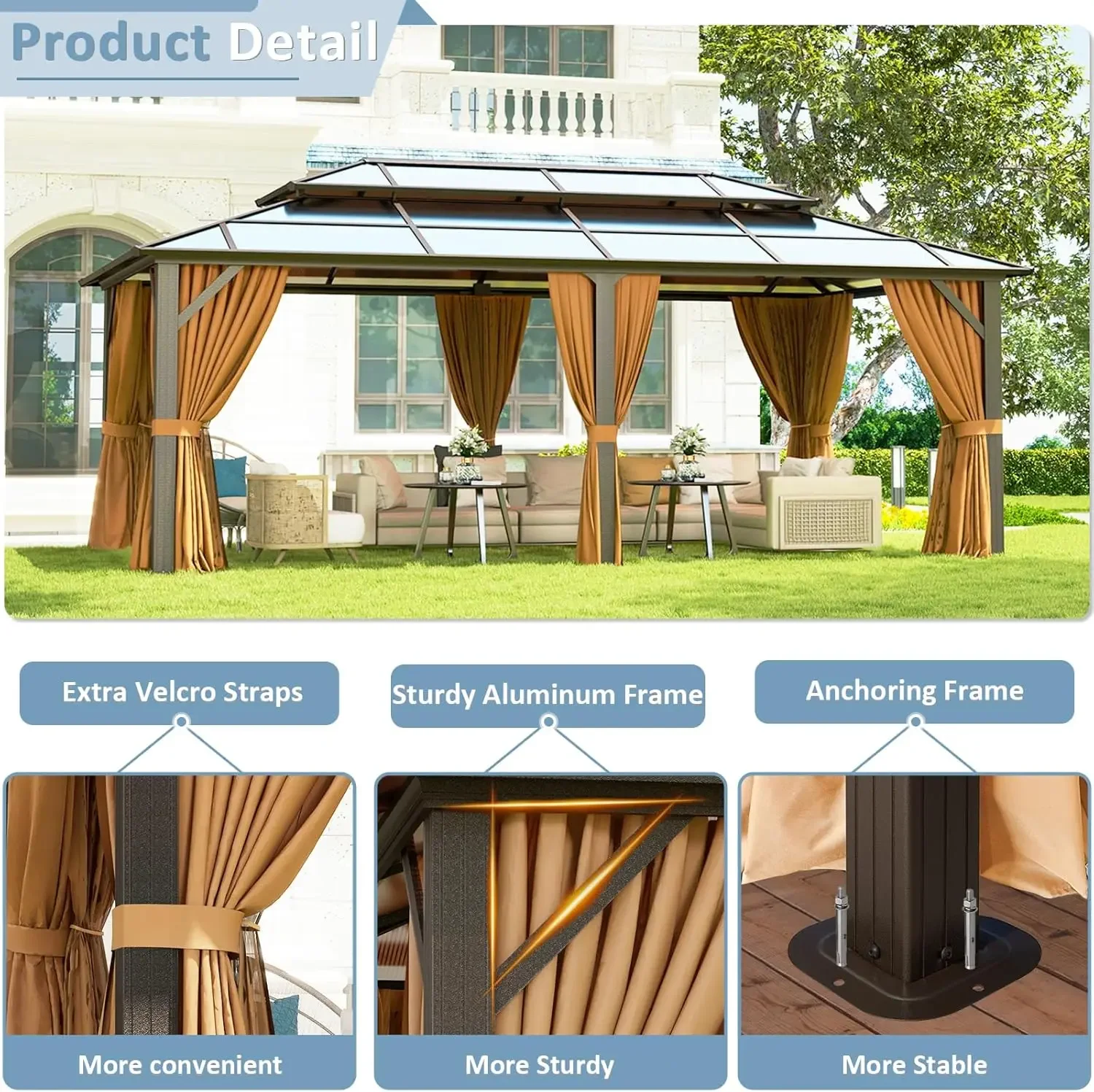 

Frame Permanent Pavilion with Curtains and Netting, Outdoor Polycarbonate Double Roof Canopy, Designed for Garden, Lawns, Patio