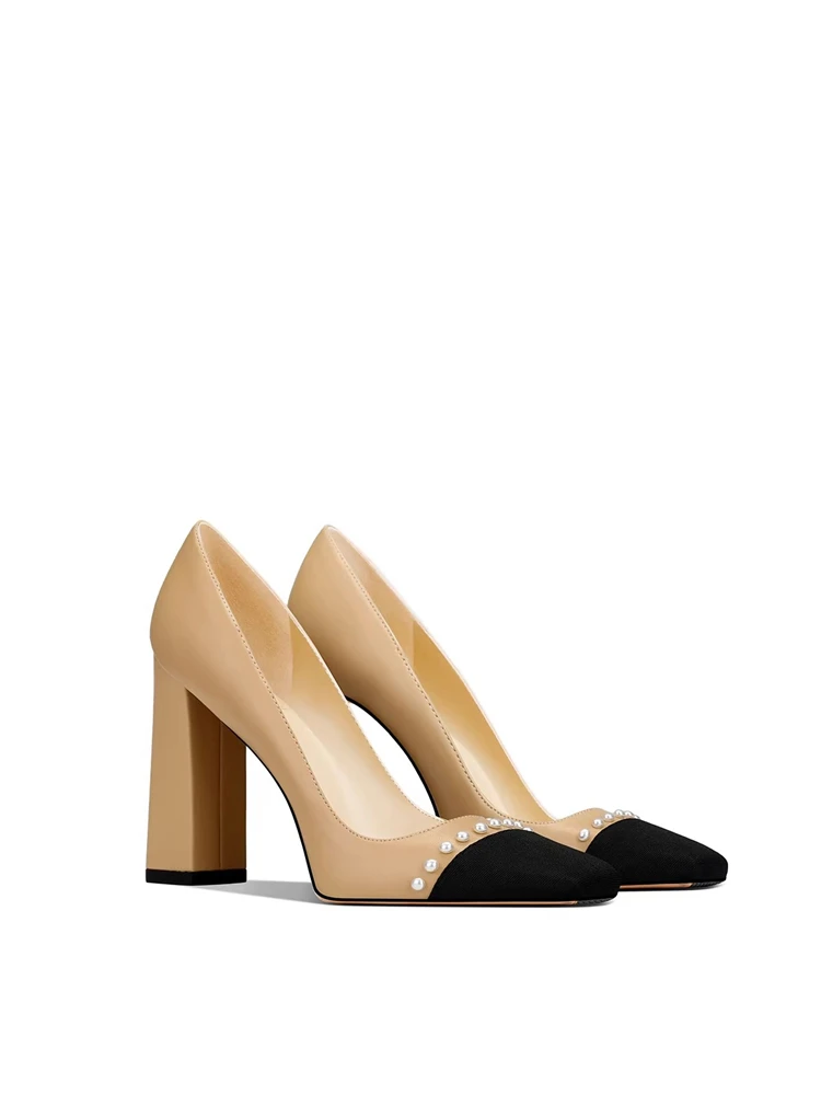 

Spring new square toe leather stitched pearl square heel shoes banquet dress large size small size thick high heeled women shoes