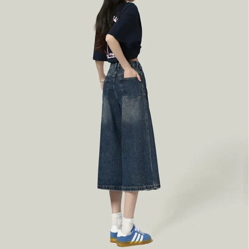 

High Waist Wide Leg Seven-Foot Blue Jeans Women's Summer Loose Straight Cotton Denim Shorts Retro American Style