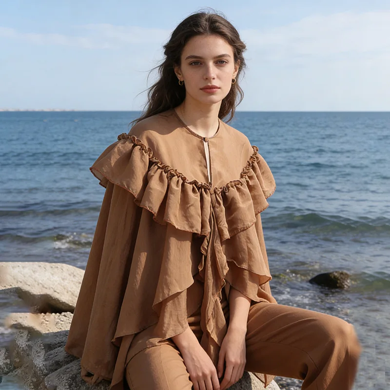 

Spring 2026 New Fashionable European American High-end Ruffled Collar Top Casual Versatile Solid Color Irregular Women's Shirt