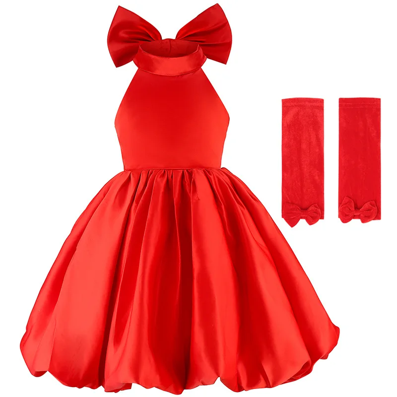 Neues Mädchen-Satin-Partykleid mit großer Schleife, rotes Weihnachtsball-Abendkleid, geeignet für Geburtstagsfeiern von 2-8-jährigen Mädchen.