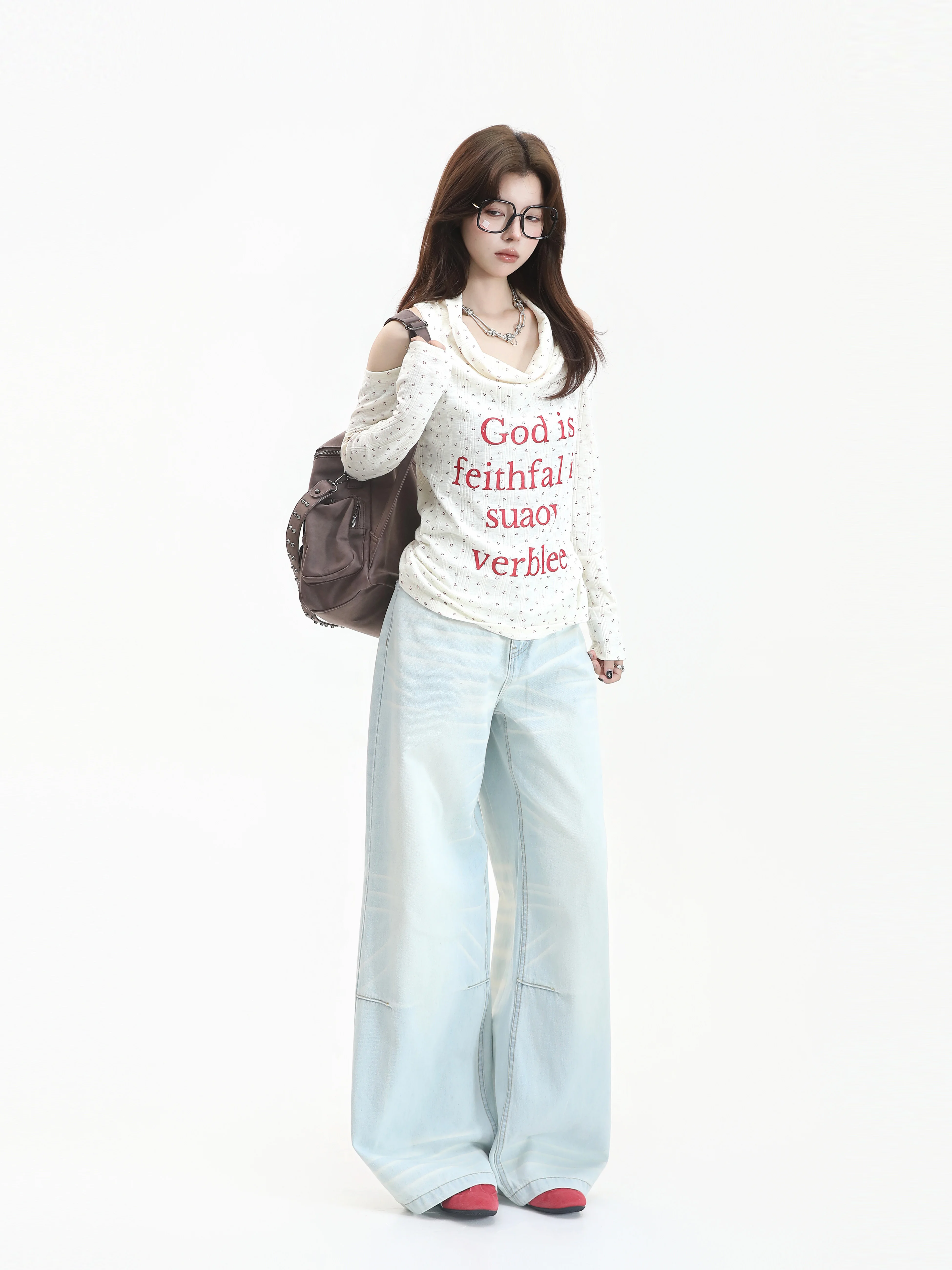 Korean Style Long Sleeve  Knot Print Lazy Neck Open Shoulder Base Shirt Women's Casual Fashion Breathable Polyester ...