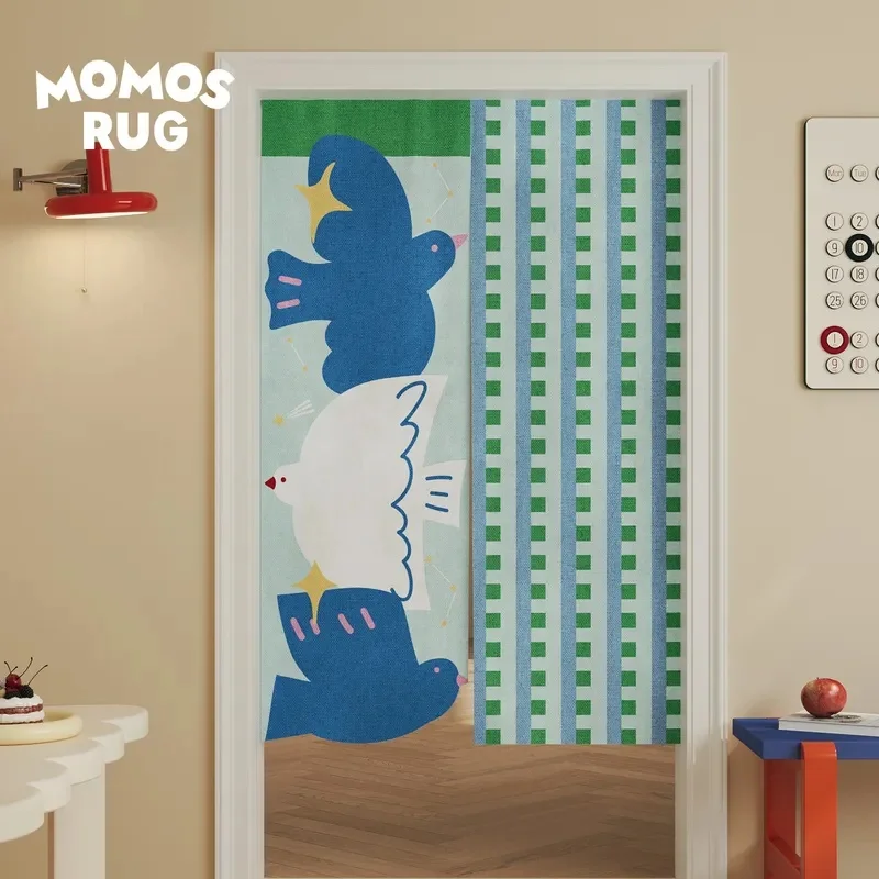 VIKAMA Cartoon Bird Noren Door Curtain Abstract Flying Birds & Striped Print Fabric Room Divider Curtain for Home Decor