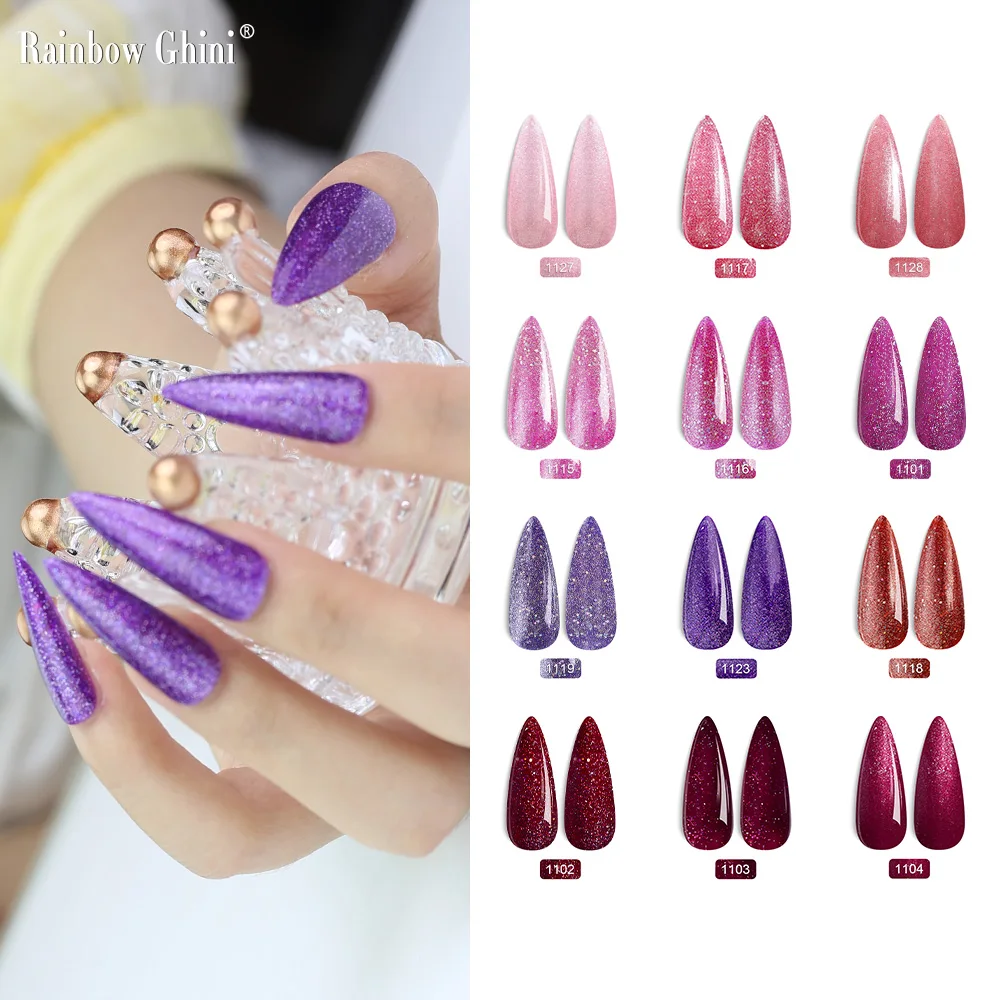 Rainbow Ghini HEMA&TPO FREE 8 ml reichhaltiger violetter Gel-Nagellack, rosa Glitzer, langlebiges, kaltes und verführerisches violettes Nagelgel