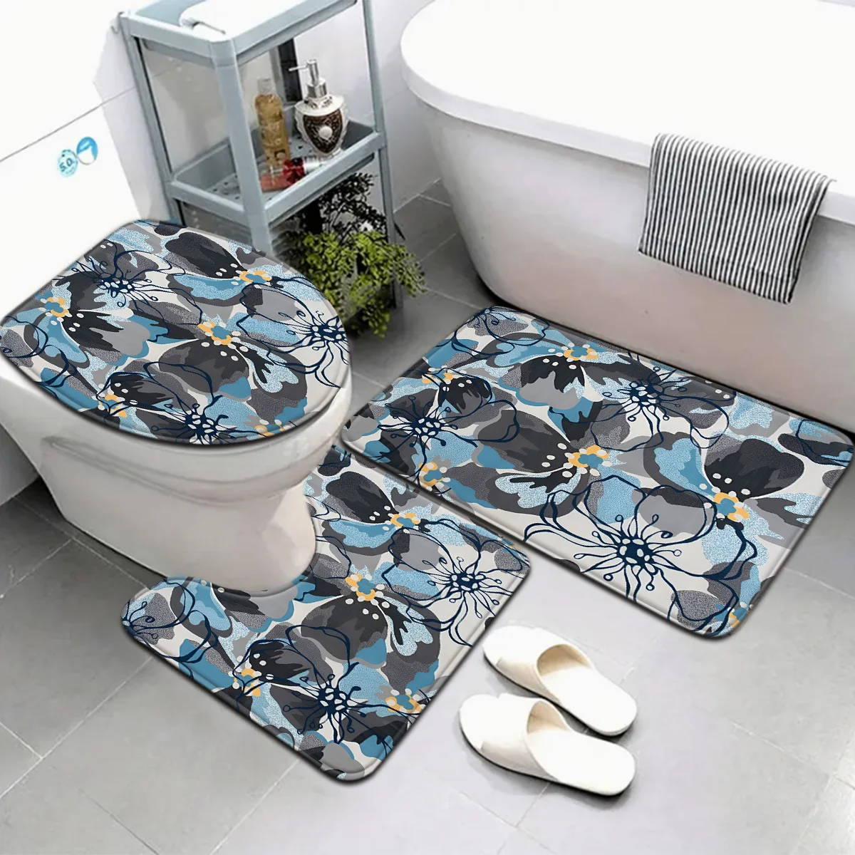 

3-pc floral series grey floral pattern bathroom mat set toilet seat cushion U-shaped foot mat suitable for bathroom decoration