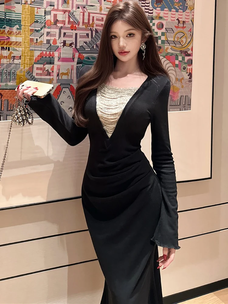 秋冬ブラックパッチワークホワイトVネックロングドレス女性プリーツボディコンフリルドレス2025韓国ヴィンテージラグジュアリーパーティードレス