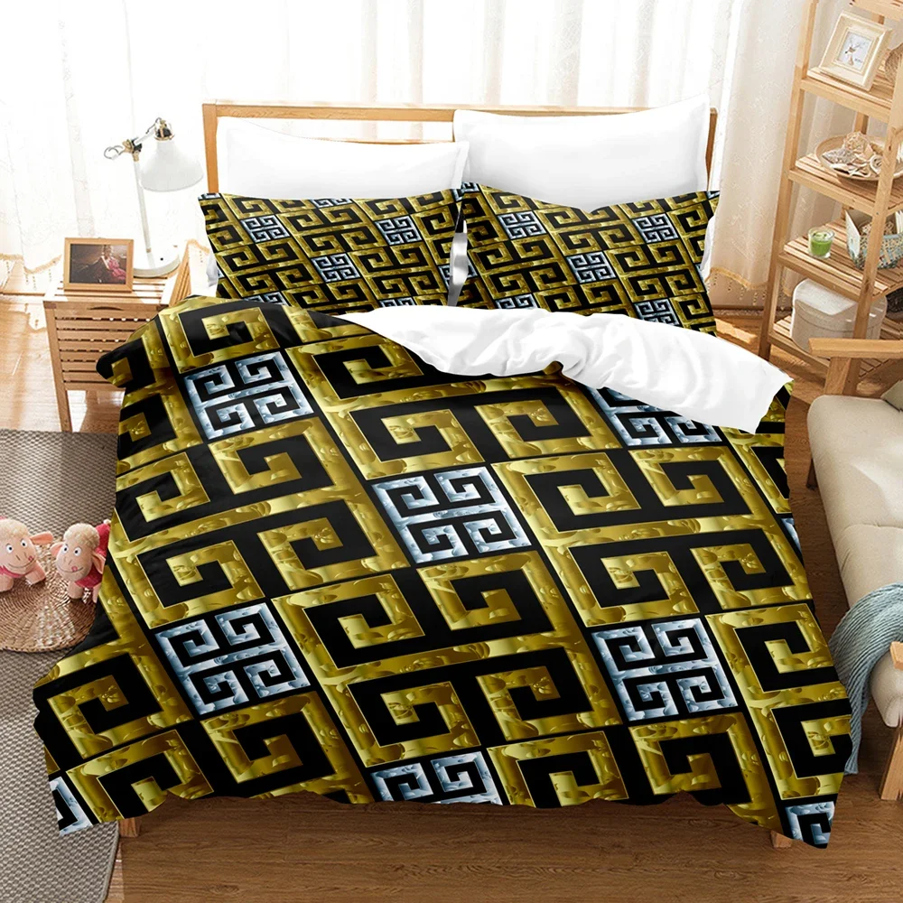 Black Golden Bedding Set New Greek Key Meander Duvet Cover Sets Luxury Comforter cover set Queen King Size for home decor quilt