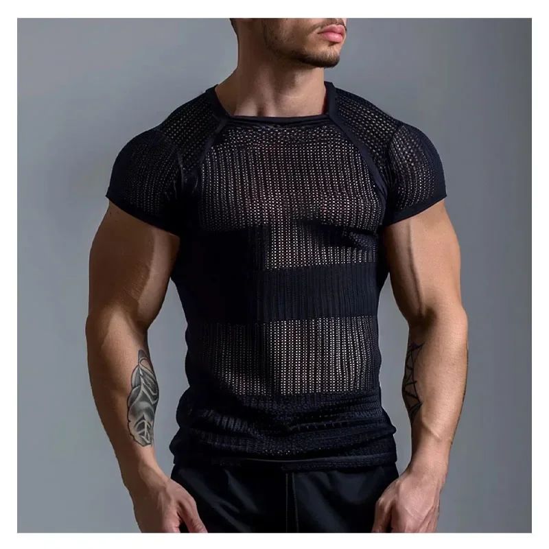 Sexy Cutout Mesh Men\'s Black Vest Male Sleeveless T-shirt Men\'s See-through Striped Vest Summer Sleeveless Tee Tank Top Man Tops