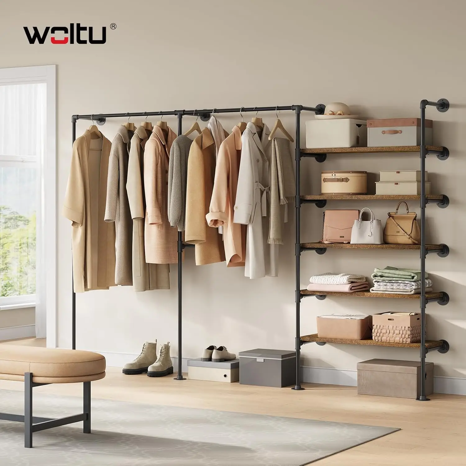 WOLTU Wandmontierter offener Kleiderschrank mit 1 und 5 MDF-Regalen, Stahlrohr-Kleiderstange, Garderobenständer im Industriestil für Garderobe, Schlafzimmer