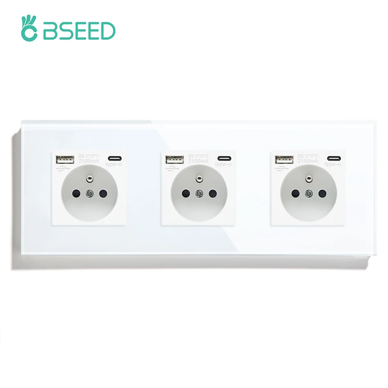 BSEED Französische Steckdosen, Steckdose, FR-Glassteckdose, 16 A, Wandsteckdose für Zuhause, Büro, Schlafzimmer, einfach stilvolle Glasscheibe, Weiß