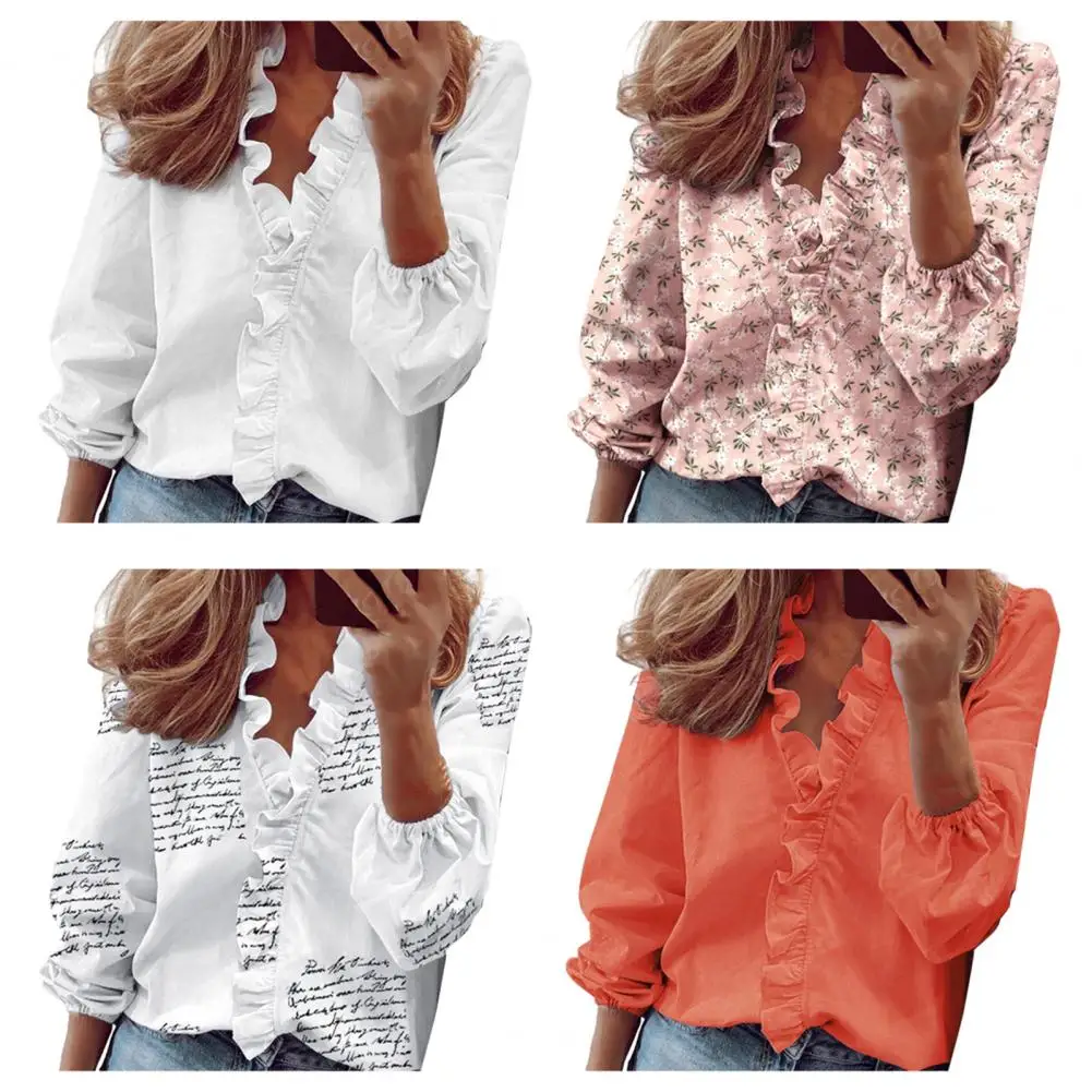 Charming Lantern Sleeve Blouse Elegant V-neck Lantern Sleeve Shirt Tops for Women Ruffle Trim Pullover Tops Solid for Spring