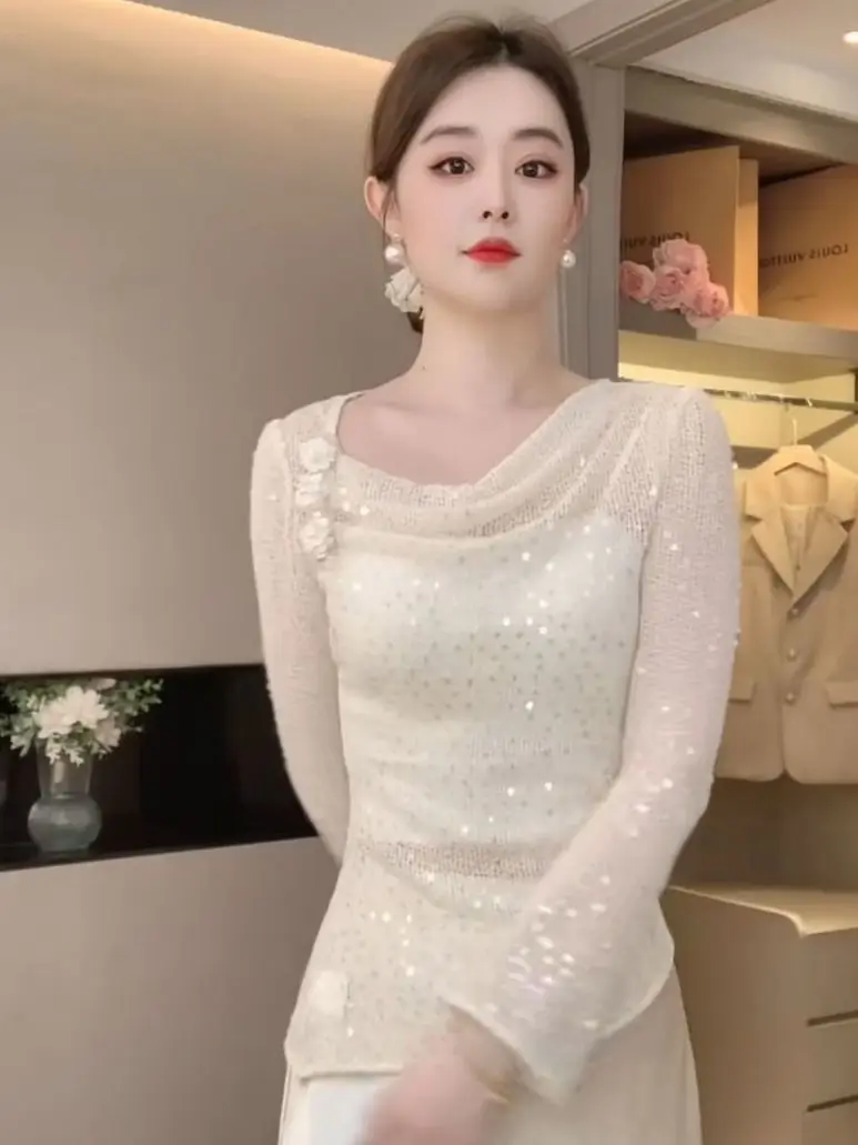 Elegant Women Blouse With Beaded Detailing And Soft Knit Texture For Spring And Autumn Wear